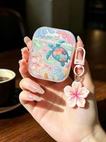 Flower Turtle Printed Clear TPU Earphone Case With Flower Charm Bracelet, Full‑Cover Protective Cover For AirPods 1/2/3/Pro/Pro2/Pro3 - Multicolor - View 2