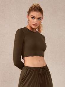 NcmRyu Women's 1pc Solid Color Frill Trim Round Neck Cropped Slim Fit Long Sleeve Sports Top, Autumn/Winter - Brown - View 7