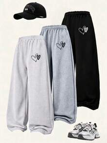 3pcs/Set Girls Heart Print Casual Wide Leg Pants, Loose Fit Design, Soft And Comfortable, Suitable For Daily Wear - Multicolor - View 1