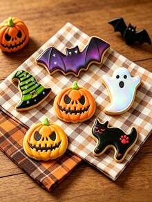 6/26/56Pcs Halloween Cookie Cutter & Candy Triangle Bag Set, Spooky Ghost Bat Pumpkin Witch Hat Cat Shaped Metal Biscuit Molds With Printed Treat Bags, For DIY Baking, Party Favors & Hand‑Made Clay Projects - View 3