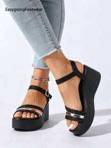 Women's Plus Size Woven Open Toe Wedge Sandals, Thick Sole Non-Slip Versatile Casual Shoes For Summer - Black - View 5