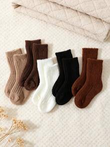 5 Pairs Baby & Kids Solid Color Thermal Lined Knitted Socks, Winter Socks, Thickened Warm Mid-Calf Socks, Multiple Colors, Suitable For Autumn/Winter - Multicolor - View 14