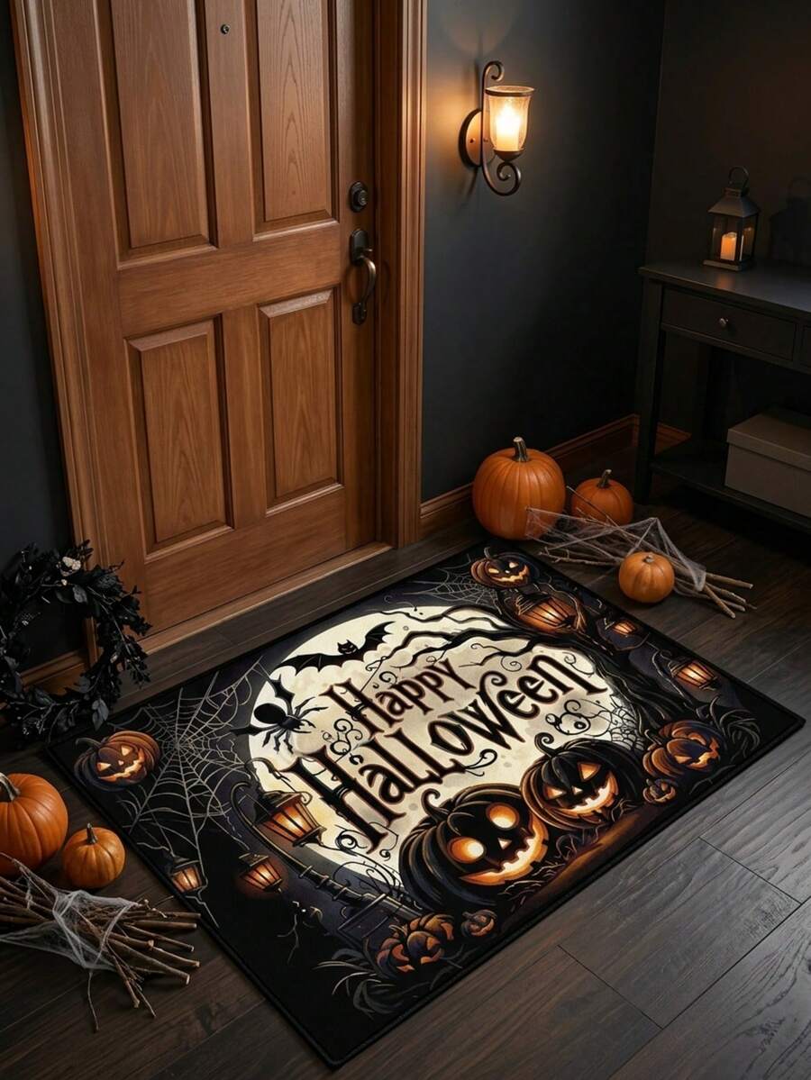 1PC Black Background Orange Yellow Full Moon Pumpkin Lantern Bat Pattern Entryway Doormat, Vintage Halloween Style Crystal Velvet Rectangular Spider Web Street Light Detail Machine Washable Doormat, Suitable For Halloween Party Entrance Garden Decor - Multicolor - View 1