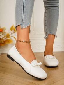 Women's Bow Square Toe Slip-On Flat Shoes, Soft Low-Cut Comfortable Daily Commute Office Shoes - White - View 4