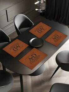 1pc Faux Linen Custom Name/Initials Printed Placemat, Vintage Brown Textured Letter & Slogan Print Heat-Resistant Table Mat, Home Tabletop Decor, Suitable For Housewarming, Wedding Anniversary, Family Gathering, Banquet Setup, Waterproof, Heat-Resistant, Easy To Clean, Exclusive Commemorative Gift For New Home And Newlyweds - Multicolor - View 3