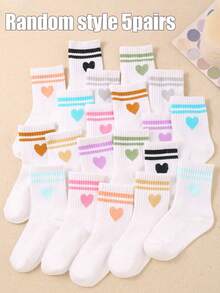 5 Pairs Kids White Random Striped & Heart Pattern Elastic Soft Socks, Suitable For Daily Wear And Sports, Versatile Casual, Breathable & Comfortable, Fit For 1-14 Years Old Children And Teenagers - Multicolor - View 12