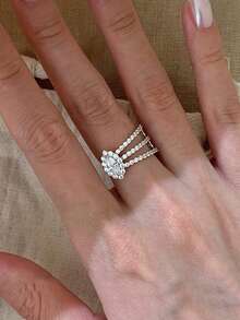 1pc French Style Full Cubic Zirconia Marquise Cut Copper Alloy Ring, Suitable For Women's Banquet, Party, Wedding Wear - Silver - View 4
