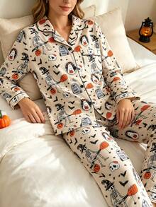 2pcs Women's Casual Long Sleeve Pajama Set, Lapel Long Sleeve Cardigan And Comfortable Pants, Ghost Skeleton Halloween Pattern, Suitable For All Seasons, Halloween Holiday Party Pajama Set - Apricot - View 1