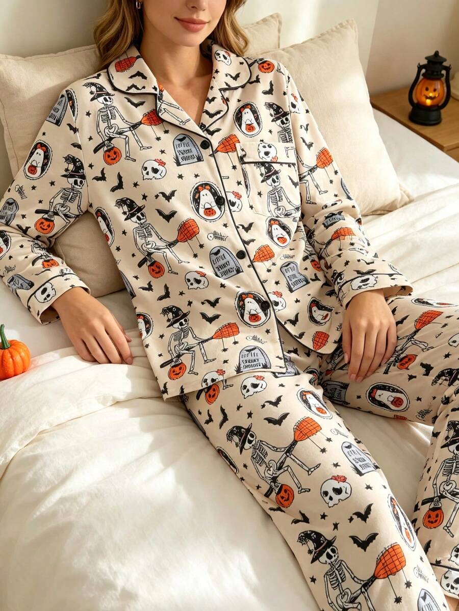 2pcs Women's Casual Long Sleeve Pajama Set, Lapel Long Sleeve Cardigan And Comfortable Pants, Ghost Skeleton Halloween Pattern, Suitable For All Seasons, Halloween Holiday Party Pajama Set - Apricot - View 1