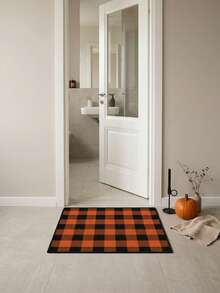 1PC Black & Orange Plaid Classic Pattern Entryway Doormat, Vintage Classic Style Crystal Velvet Rectangular Black & Orange Contrast Stripe Machine Washable Doormat, Suitable For Halloween Party, Entryway, Garden Decor - Multicolor - View 5