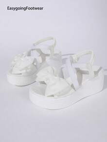 Women's Summer Sweet Bow Cross Elastic Wedge Sandals, Thick Sole, Polyurethane Lightweight Bottom, Versatile Elegant Style For Daily Wear And Vacation - White - View 8