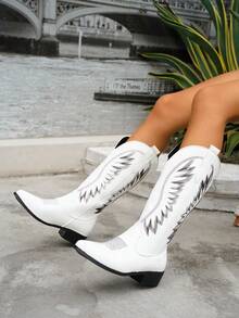 Women's Classic Black Leather Western Cowboy Boots With Silver Embroidery Pointed Toe Low Heel - White - View 1