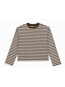 Women's Casual Top, Striped Contrast Ribbed Knit, Everyday Wear, Spring/Autumn - Khaki Brown - View 5
