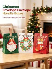 12pcs Christmas Flip-Top Gift Boxes, Santa Claus, Wreath, Christmas Stocking Printed Gift Bags, Faux Leather Handle With Rivets, Holiday Party Favor Candy Gift Packaging Bags - Multiple Styles - View 2
