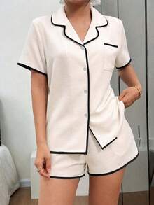 Dreamivo 2pcs Women's Comfortable Solid Color Short Sleeve Lapel Top And Bowknot Shorts Pajama Set, Spring/Summer - White - View 3