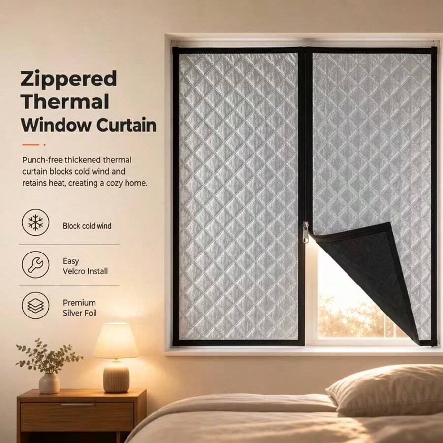 Center Zipper Design Hole-Free Self-Adhesive Thermal Insulated Window Curtain, Window Insulation Piece, Zipper Opening And Closing Design, Windproof And Cold-Resistant, Warm In Winter And Cool In Summer, Heat Insulation And Noise Reduction, Effectively Lock Indoor Temperature - Black Center Zipper - View 1