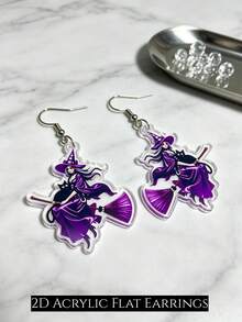 2D Flat Purple Witch Riding Broom Acrylic Earrings, 2D Flat Design, Stainless Steel Earring Hooks, Suitable For Daily Wear And Parties, Suitable For Anniversary, Thanksgiving, Halloween, Christmas, All Seasons - Purple Witch Riding a Broom - View 9