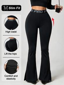 Women's Seamless Letter Split Hem Side Split Hem Workout Yoga Gymnastics Outdoor Leggings Flared Pants - Black - View 2