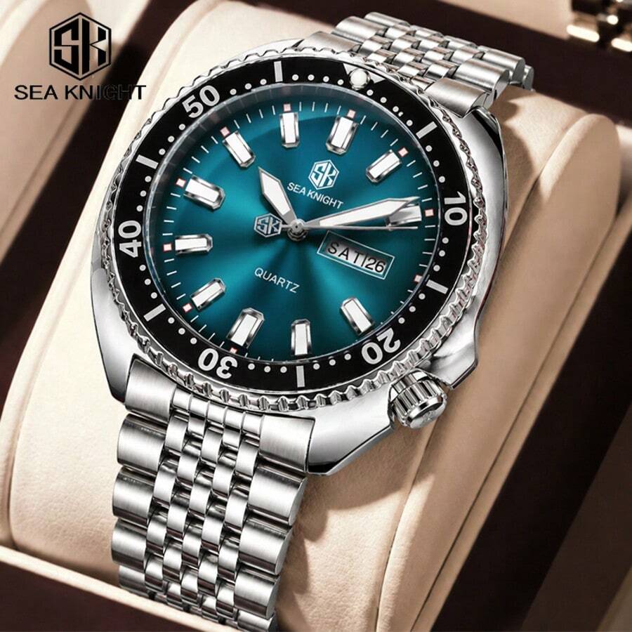 SEA KNIGHT Men's Luxury Business Quartz Watch, New Rotating Bezel, Luminous, Date & Day Display, Waterproof, Men's Watch Gift