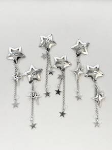 2pcs Silver Star Chain Tassel Hair Clips, Sweet Cool Side BB Clips, Suitable For Music Festival, Party, Daily Wear, Girly Atmosphere Hair Accessories - Multicolor - View 1