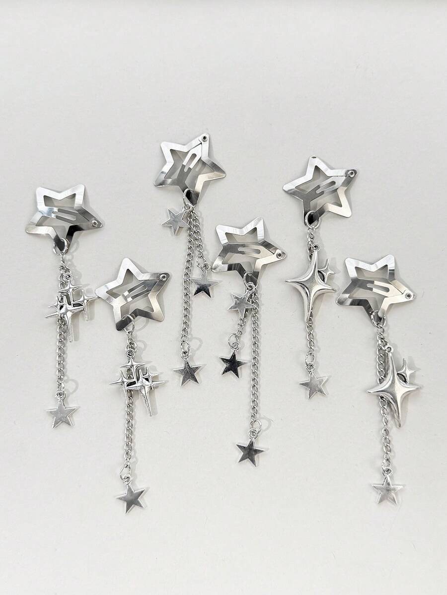 2pcs Silver Star Chain Tassel Hair Clips, Sweet Cool Side BB Clips, Suitable For Music Festival, Party, Daily Wear, Girly Atmosphere Hair Accessories - Multicolor - View 1