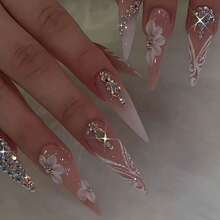 24/12pcs Long Water Drop Shaped Press-On Nails, Shiny Rhinestone Gradient Floral Pattern, Sweet Cool European Style Nail Stickers, Suitable For Women - Multicolor - View 4