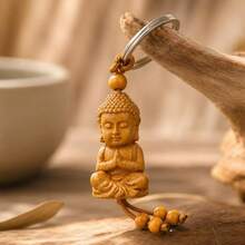 1pc Wooden Buddha Keychain, Natural Wood Monk Pendant, Suitable For Bags And Car Keys, Zen Good Luck Amulet, Spiritual Protection Gift For Men And Women - Rust Brown - View 7