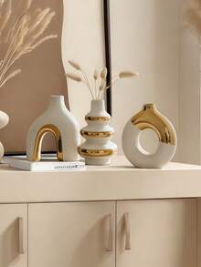 3pcs/Set White & Gold Electroplated Ceramic Vase Set Modern Nordic Aesthetic Decorative Flower Vase For Dried Flowers Table Home Decor - 1PC - View 3