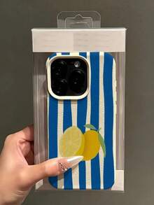 1pc Blue & White Vertical Stripe Lemon Print Phone Case, Faux Leather Texture TPU Protective Cover, Anti-Drop Anti-Scratch Lightweight Phone Shell, Summer Fresh Fruit Pattern Phone Case, Compatible With 16 Pro Max, 16, 16 Pro, 16 Plus, 14 Pro Max, 17, 17 Pro, 17 Pro Max, Romantic Gift For Girlfriend, Cute Daily Gift - White - View 4