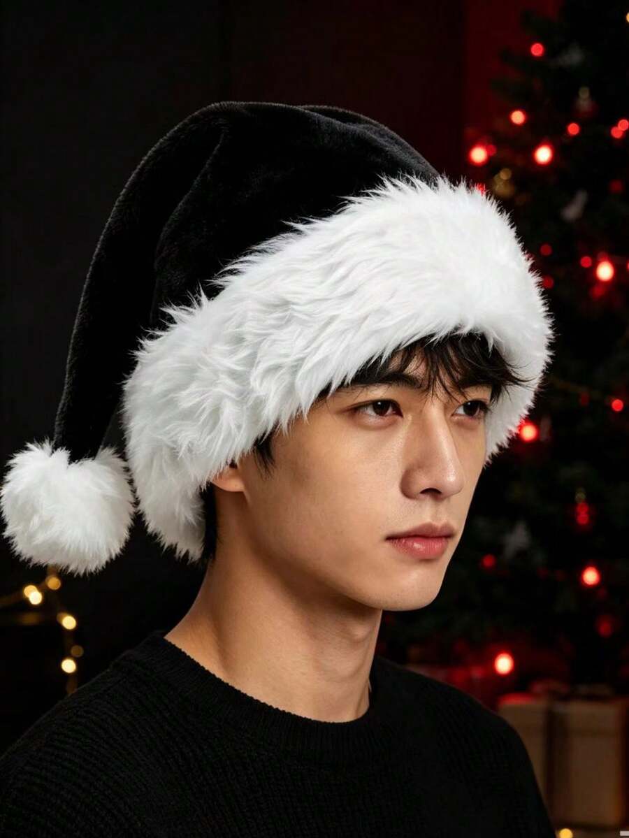 黑紅長毛絨聖誕帽，厚毛絨球球聖誕萬聖節派對帽 - A - 查看 1