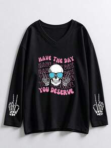 Plus Size V‑Neck Long Sleeve T‑Shirt, Skeleton Hand Letter Graphic Print Loose Casual Tee For Curvy Women - Black - View 3