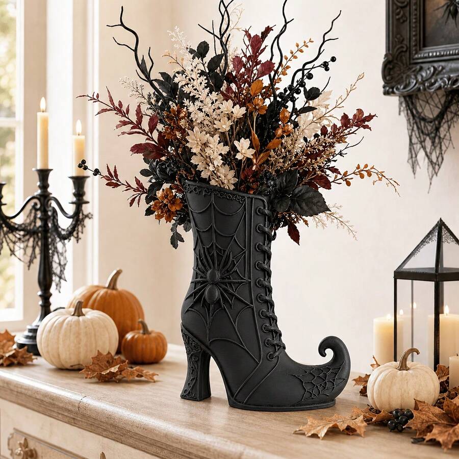 1 buah Vas Sepatu Bot Penyihir Halloween, Dekorasi Jaring Laba-laba Cetak 3D, Stand Pajangan Bunga Gaya Gotik, Dekorasi Rumah Bertema Penyihir, Hiasan Meja Menyeramkan, Vas Indah untuk Rak Buku Ruang Tamu Modern, Dekorasi Rumah Musim Gugur - Sepatu bot - View 1