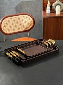 Walnut Wood Grain Tray, Thickened PET Rectangular Tray With Handles, Plastic Storage Tray, Suitable For Tea Cups, Water Cups, Snacks, Fruits, Dried Fruits, Candy Storage - Wood Grain - View 13