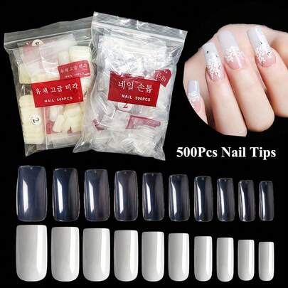500pcs Square Full Cover False Nail Tips, Clear & Natural Color, 10 Sizes, DIY Manicure Extension Practice Nails
