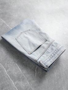 Men's Loose Straight Leg Jeans With Geometric Stitching Patchwork Design, American High Street Cargo Style Style, Retro Streetwear, All Season, Wide Leg, Mid Waist, Contrast Stitching, Light Blue - Dusty Blue - View 9