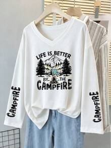 Plus Size V‑Neck Long Sleeve Tee, Life Is Better By The Campfire Camping Print Casual Loose Top For Curvy Women - White - View 9