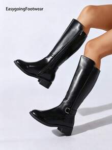 Women's Autumn/Winter Side Zipper Buckle Low Heel Riding Boots, Round Toe Comfortable, Easy To Care, Versatile For Party And Commute - Black - View 5