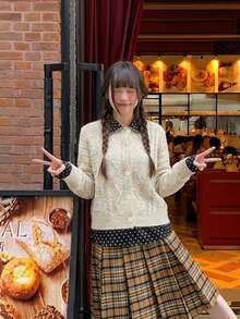 Korean Vintage 2 In 1 Polka Dot Jacket Women's Autumn/Winter New Cable Knit Cardigan Slim Fit Sweet Cool Top - Apricot - View 5