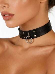 1pc Women's PU Rivet Choker Necklace, Gothic Punk Style Neck Collar, Holiday Halloween Accessory - Black - View 8