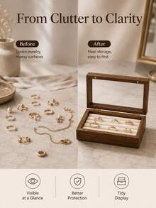 1PC Jewelry Organizer Box For Women, Brown Wood Grain Jewelry Storage Case With Clear Display Lid & Magnetic Closure, Multi-Slot Ring Earring Holder For Vanity Dresser Bedroom Home Decor Gift - Multicolor - View 4