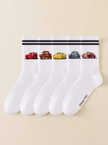 5/1 Pair Disney Men's Mid-Calf Socks, Black With Double Stripes And Car Pattern, Sports Socks - White - View 15