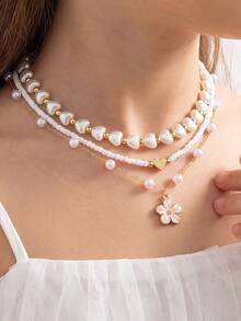 NAIZHU 3pcs Kalung Anak-Anak Motif Bunga dan Hati dengan Mutiara Imitasi Berlapis-lapis, Cocok untuk Pemakaian Sehari-hari dan Pesta - MultiWarna - View 6