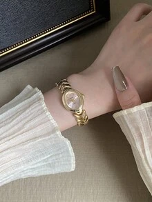 金色錶帶橢圓形粉色錶盤，搭配獨特錶帶設計與極簡刻度，是完美的日常配件或禮物 - 金色 - 查看 4