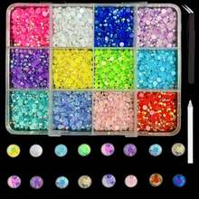 1 Box 12-Grid Resin Rhinestone Nail Art Set, Round Crystal Nail Art Rhinestones, Shiny Rhinestone Set, Includes Wax Pencil, Tweezers, Suitable For Nail Art, Tumblers, Clothing, Scrapbooking And DIY Crafts - Multicolor - View 8