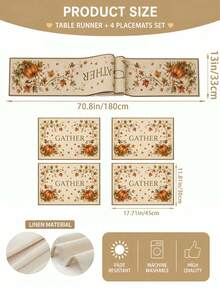 Plant Pumpkin Vine Pattern Table Runner Set, Minimalist Linen Rectangular Placemat Set, Home Kitchen Dining Table Protector, Autumn Holiday Party Table Decor, Autumn Home Decoration - Multicolor - View 12