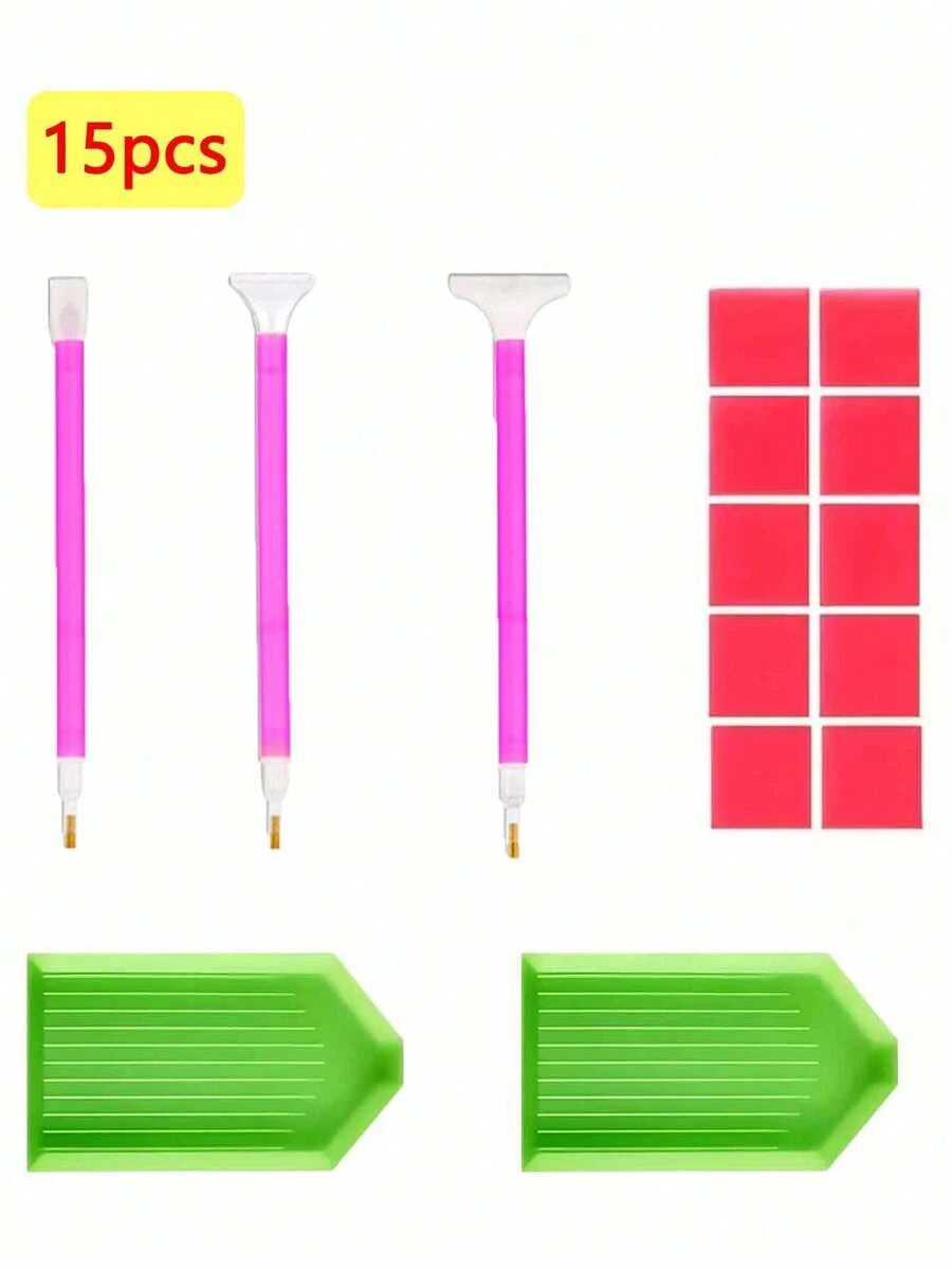 15件套钻石画工具套装,包含3种不同尺寸的钻石画笔,专业刺绣工艺,适用于艺术绘画,便携式钻石贴纸工艺工具套装,是业余爱好者的理想之选 - 查看 1