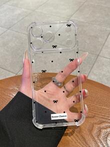 1pc Black Small Polka Dot Bow Bonne Chance French Good Luck Print Transparent Anti-Fall Phone Case, Transparent TPU Soft Shell Full Coverage Anti-Fall, Compatible With IPhone Case & Galaxy Case, Compatible With IPhone 17 17 ProMax 16 15 14 Pro Max, S24 S25 S26 Ultra - Clear - View 7