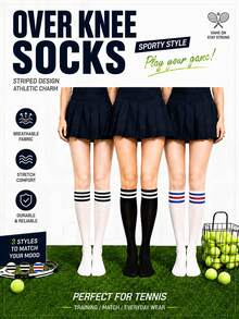 3 Pairs Women's Classic Three-Stripe Colorblock Knee-High Socks, Soft Elastic Non-Slip Knitted Tennis Calf Socks, Ins Hot Girl Style Accessory - Multicolor - View 5