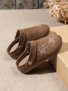 1 Pair Round Toe Embroidered Firework Camel Color Flat Shoes, 2-In-1 Wear, Suitable For School, Party, Casual, Beach Vacation And Other Occasions, Runs Half Size Small - Camel - View 2