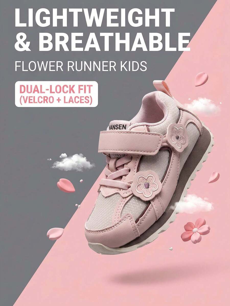 Girls' Pink Floral Embroidered Sneakers, Spring/Autumn Hook-And-Loop Soft Sole Non-Slip Casual Shoes For Toddlers And Babies - Pink - View 1